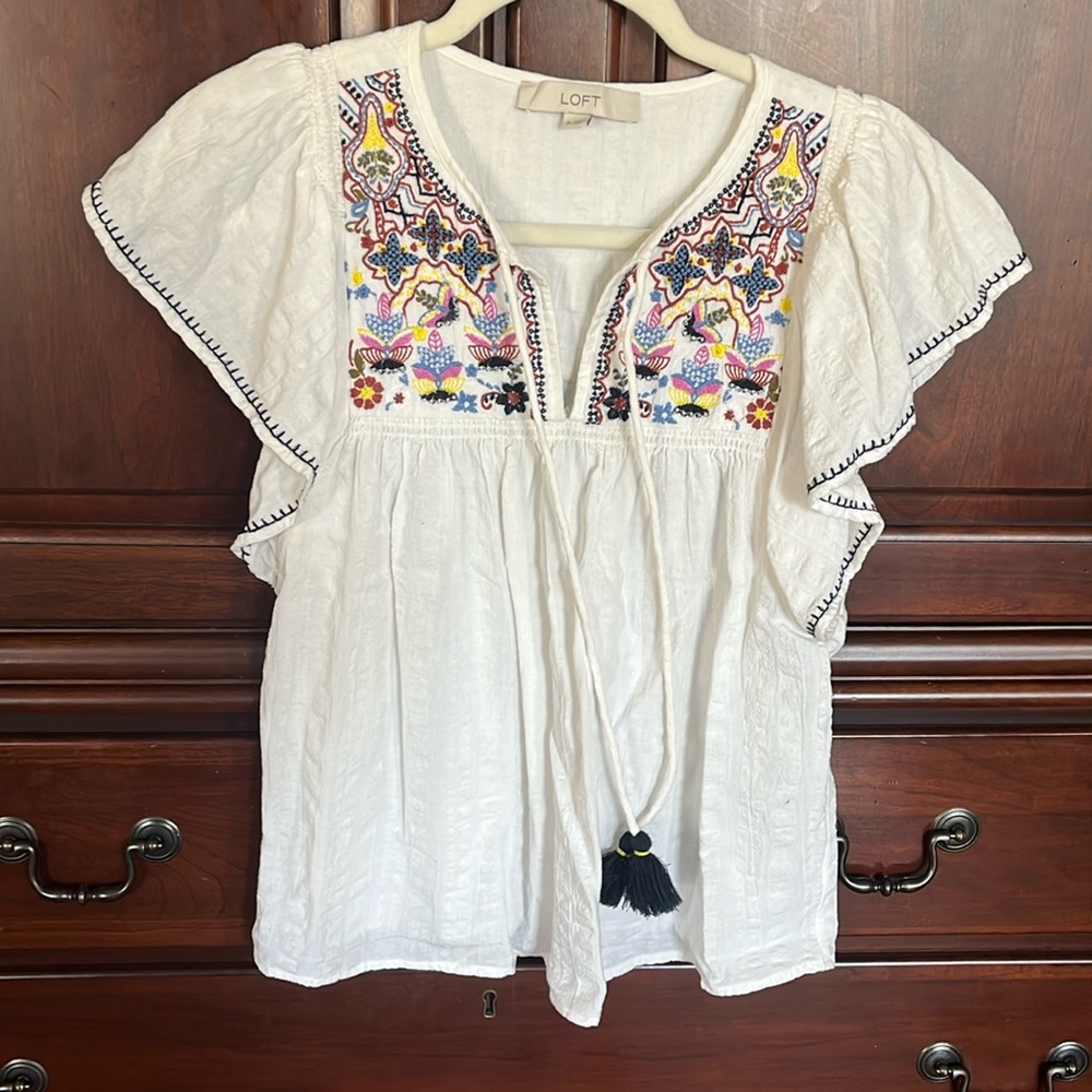 Loft embroidered flutter sleeve top